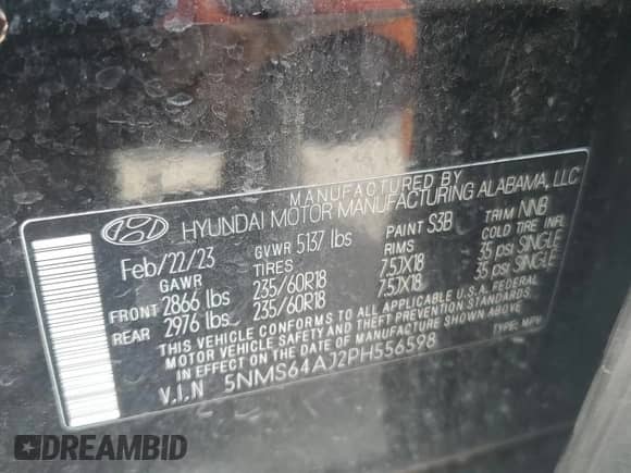 2023 Hyundai Santa Fe XRT с VIN 5NMS64AJ2PH556598, выставлен на аукционе Copart как лот 63697325 с пробегом 33 528 миль миль и Списание • Salvage title. История ставок и продаж доступна на DreamBid. Изображение 14.