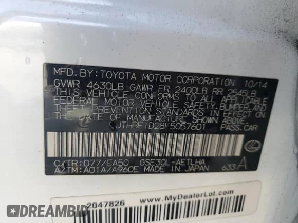 2015 Lexus IS 250 с VIN JTHBF1D28F5057601, выставлен на аукционе Copart как лот 85782695 с пробегом 159 221 миль миль и Списание • Salvage title. История ставок и продаж доступна на DreamBid. Изображение 13.