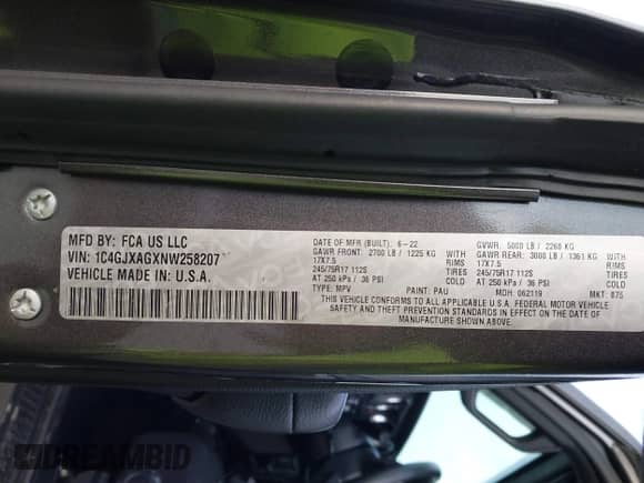 2022 Jeep Wrangler Sport S with VIN 1C4GJXAGXNW258207, listed as a IAAI auction lot 41805545 with 15,388 mi miles and . Bid and sale history available at DreamBid. Image 9.