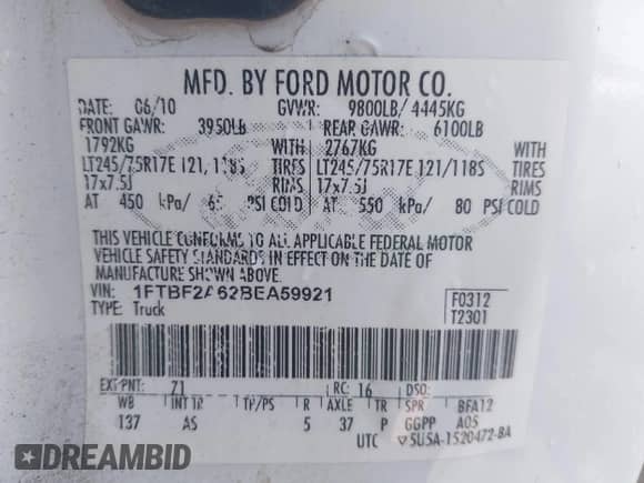 2011 Ford F-250 XL с VIN 1FTBF2A62BEA59921, выставлен на аукционе IAAI как лот 42598787 с пробегом 248 025 миль миль и . История ставок и продаж доступна на DreamBid. Изображение 9.