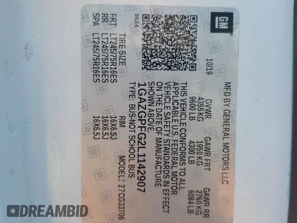 2020 Chevrolet Express Passenger LT with VIN 1GAZGPFG2L1142907, listed as a Copart auction lot 61597535 with 105,182 mi miles and Salvage title. Bid and sale history available at DreamBid. Image 13.