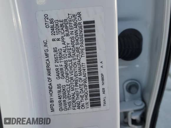 2020 Honda Accord Touring with VIN 1HGCV3F90LA014177, listed as a Copart auction lot 58674165 with 127,894 mi miles and Salvage title. Bid and sale history available at DreamBid. Image 12.