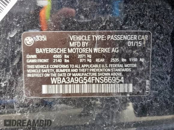 2015 BMW 3 Series 335i с VIN WBA3A9G54FNS66954, выставлен на аукционе Copart как лот 61952895 с пробегом 167 546 миль миль и Чистый • Clean title. История ставок и продаж доступна на DreamBid. Изображение 12.