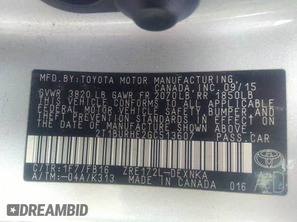 2016 Toyota Corolla L with VIN 2T1BURHE2GC513607, listed as a IAAI auction lot 36282445 with 48,607 mi miles and . Bid and sale history available at DreamBid. Image 9.