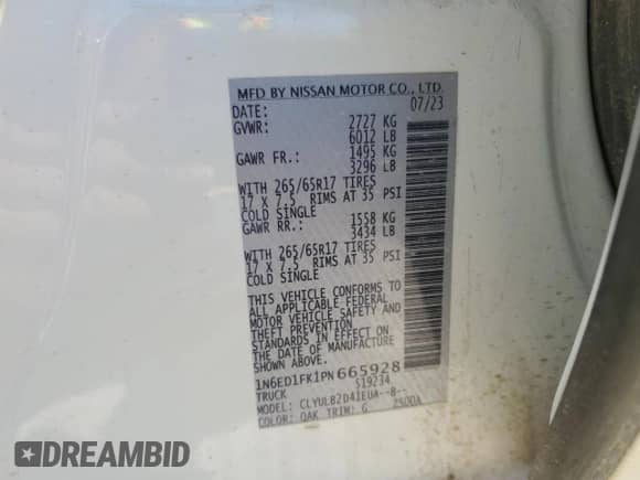 2023 Nissan Frontier SV with VIN 1N6ED1FK1PN665928, listed as a Copart auction lot 52036625 with 23,760 mi miles and Salvage title. Bid and sale history available at DreamBid. Image 12.