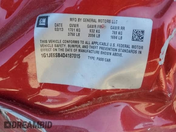 2013 Chevrolet Sonic LTZ with VIN 1G1JE6SB4D4187015, listed as a Copart auction lot 65932495 with Not provided miles and Non repairable. Bid and sale history available at DreamBid. Image 12.