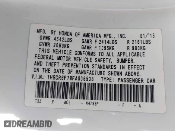 2015 Honda Accord Touring z VIN 1HGCR6F79FA006538, wystawiony jako IAAI lot #42686233 z przebiegiem Nie podano mil oraz . Historia ofert i sprzedaży dostępna na DreamBid. Obrazek 9.