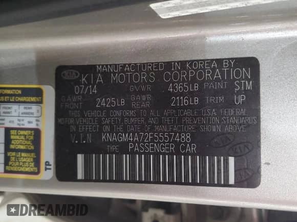 2015 Kia Optima LX with VIN KNAGM4A72F5557488, listed as a Copart auction lot 89801185 with 117,527 mi miles and Clean title. Bid and sale history available at DreamBid. Image 12.