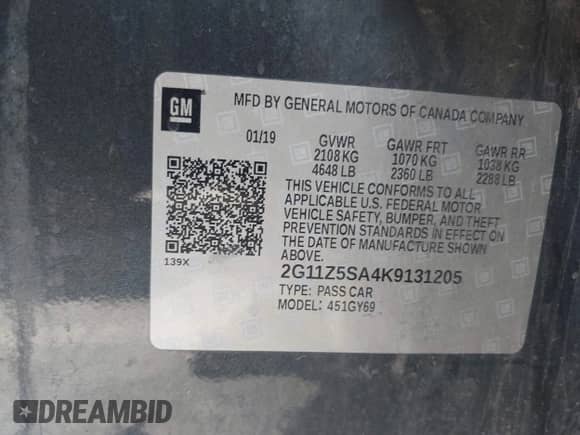 2019 Chevrolet Impala LT z VIN 2G11Z5SA4K9131205, wystawiony jako IAAI lot #43149886 z przebiegiem 104 237 mil mil oraz . Historia ofert i sprzedaży dostępna na DreamBid. Obrazek 9.