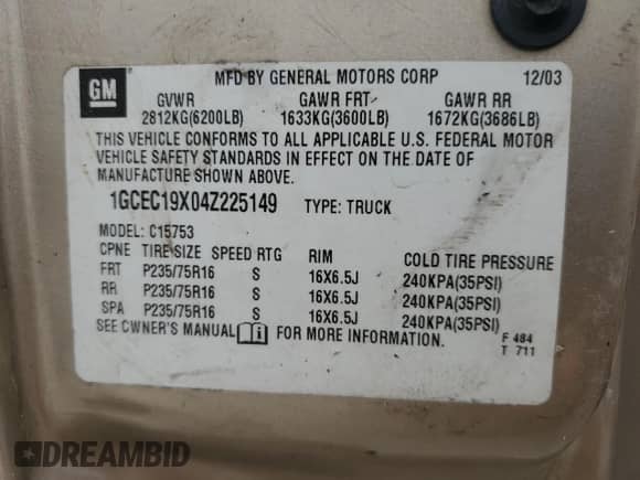 2004 Chevrolet Silverado 1500 Work Truck with VIN 1GCEC19X04Z225149, listed as a Copart auction lot 82751835 with Not provided miles and Salvage title. Bid and sale history available at DreamBid. Image 12.