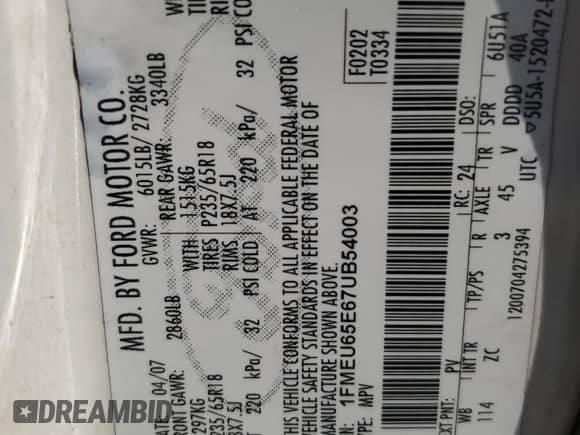 2007 Ford Explorer Limited with VIN 1FMEU65E67UB54003, listed as a Copart auction lot 69293695 with 172,266 mi miles and Salvage title. Bid and sale history available at DreamBid. Image 14.