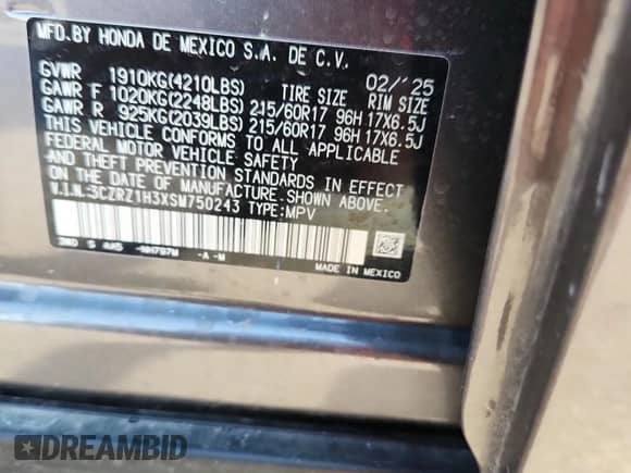 2025 Honda HR-V LX с VIN 3CZRZ1H3XSM750243, выставлен на аукционе Copart как лот 71422815 с пробегом 3 903 миль миль и Списание • Salvage title. История ставок и продаж доступна на DreamBid. Изображение 12.