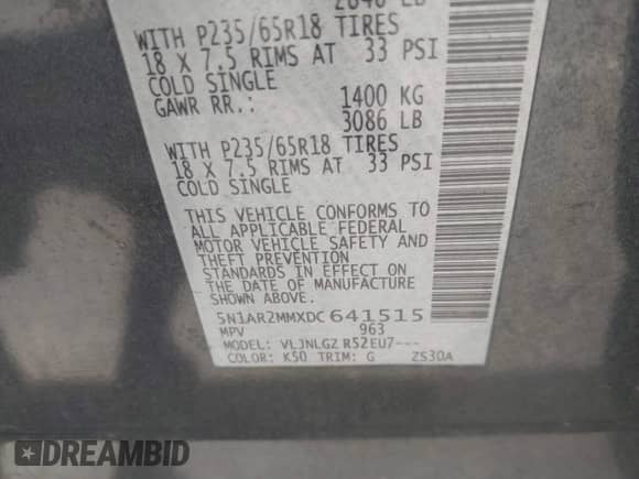 2013 Nissan Pathfinder SV z VIN 5N1AR2MMXDC641515, wystawiony jako IAAI lot #42570637 z przebiegiem 156 525 mil mil oraz . Historia ofert i sprzedaży dostępna na DreamBid. Obrazek 9.