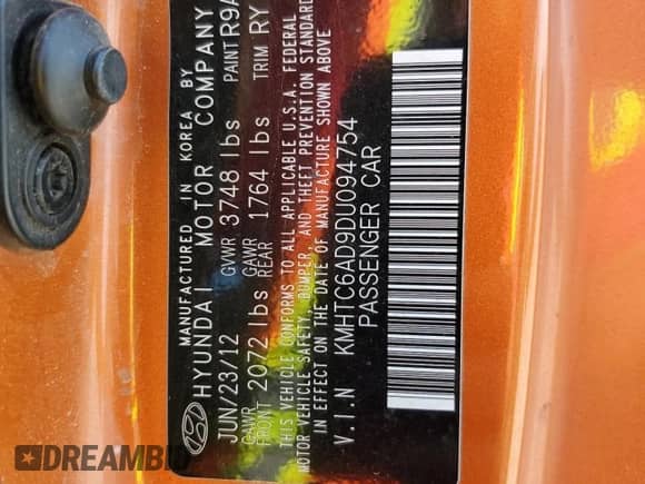 2013 Hyundai Veloster w/Black Int с VIN KMHTC6AD9DU094754, выставлен на аукционе Copart как лот 64644975 с пробегом 165 871 миль миль и Списание • Salvage title. История ставок и продаж доступна на DreamBid. Изображение 13.