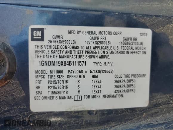 2004 Chevrolet Astro with VIN 1GNDM19X84B111571, listed as a Copart auction lot 46376945 with 240,121 mi miles and Salvage title. Bid and sale history available at DreamBid. Image 13.