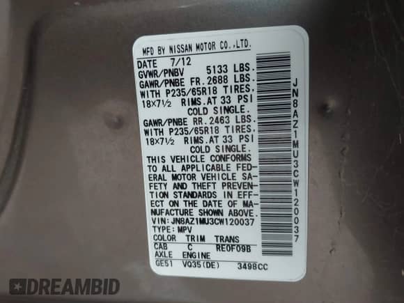 2012 Nissan Murano S with VIN JN8AZ1MU3CW120037, listed as a IAAI auction lot 41161477 with 169,720 mi miles and . Bid and sale history available at DreamBid. Image 9.