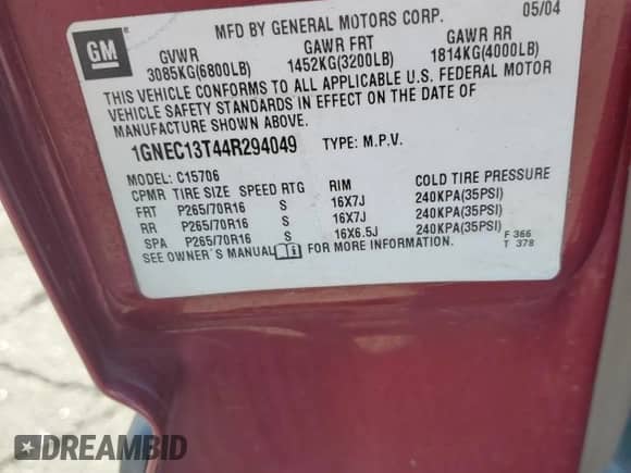 2004 Chevrolet Tahoe LS with VIN 1GNEC13T44R294049, listed as a Copart auction lot 59900565 with 149,379 mi miles and Salvage title. Bid and sale history available at DreamBid. Image 13.