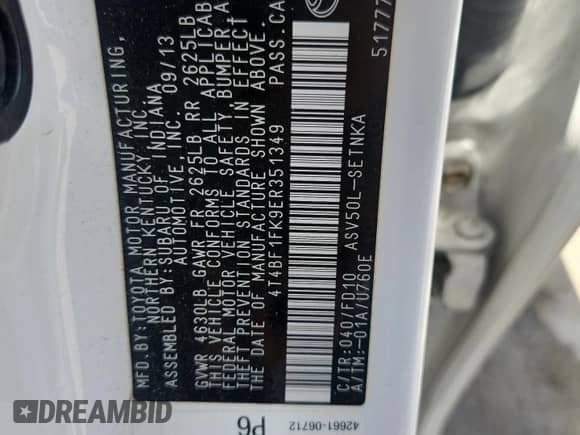 2014 Toyota Camry L with VIN 4T4BF1FK9ER351349, listed as a Copart auction lot 62696375 with 78,634 mi miles and Clean title. Bid and sale history available at DreamBid. Image 12.