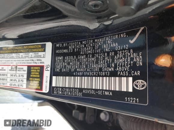 2012 Toyota Camry LE with VIN 4T4BF1FK9CR210813, listed as a IAAI auction lot 43370088 with 203,707 mi miles and . Bid and sale history available at DreamBid. Image 9.