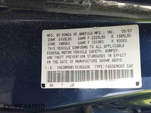 2007 Honda Accord EX-L with VIN 1HGCM56817A182406, listed as a IAAI auction lot 43472532 with 116,397 mi miles and . Bid and sale history available at DreamBid. Image 9.