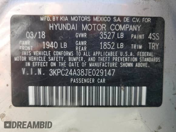 2018 Hyundai Accent SE с VIN 3KPC24A38JE029147, выставлен на аукционе Copart как лот 66476785 с пробегом 112 426 миль миль и Списание • Salvage title. История ставок и продаж доступна на DreamBid. Изображение 12.