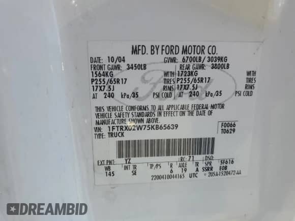 2005 Ford F-150 STX z VIN 1FTRX02W75KB65639, wystawiony jako Copart lot #82519815 z przebiegiem 151 351 mil mil oraz Szkoda całkowita • Salvage title. Historia ofert i sprzedaży dostępna na DreamBid. Obrazek 12.