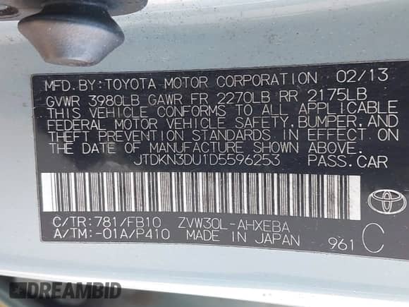 2013 Toyota Prius One with VIN JTDKN3DU1D5596253, listed as a IAAI auction lot 42118611 with 347,478 mi miles and . Bid and sale history available at DreamBid. Image 9.