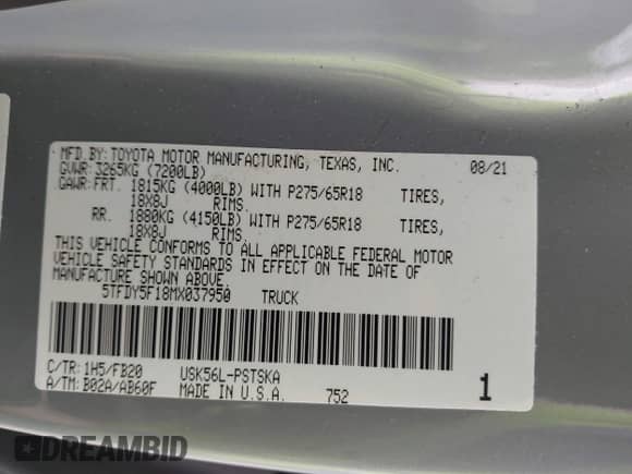 2021 Toyota Tundra SR5 with VIN 5TFDY5F18MX037950, listed as a IAAI auction lot 43029193 with 52,984 mi miles and . Bid and sale history available at DreamBid. Image 9.