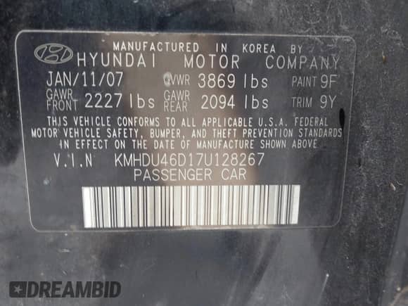 2007 Hyundai Elantra GLS z VIN KMHDU46D17U128267, wystawiony jako IAAI lot #43121172 z przebiegiem 280 939 mil mil oraz . Historia ofert i sprzedaży dostępna na DreamBid. Obrazek 9.