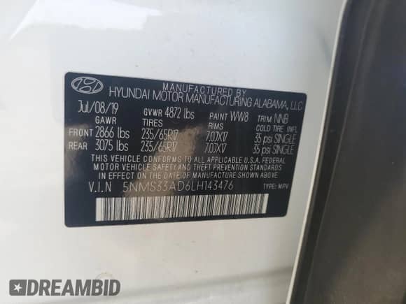 2020 Hyundai Santa Fe SEL с VIN 5NMS33AD6LH143476, выставлен на аукционе Copart как лот 70551435 с пробегом 114 883 миль миль и Списание • Salvage title. История ставок и продаж доступна на DreamBid. Изображение 13.