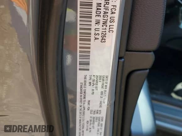 2022 Jeep Grand Cherokee Laredo X с VIN 1C4RJFAG7NC112643, выставлен на аукционе Copart как лот 59755985 с пробегом 39 745 миль миль и На запчасти • Non repairable. История ставок и продаж доступна на DreamBid. Изображение 14.