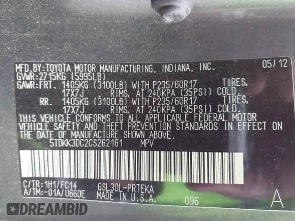 2012 Toyota Sienna LE with VIN 5TDKK3DC2CS262161, listed as a IAAI auction lot 43543505 with 218,722 mi miles and . Bid and sale history available at DreamBid. Image 9.