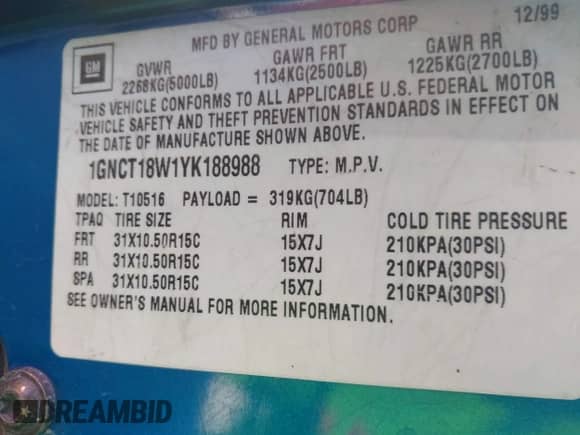 2000 Chevrolet Blazer LS с VIN 1GNCT18W1YK188988, выставлен на аукционе IAAI как лот 41454106 с пробегом Не указан миль и . История ставок и продаж доступна на DreamBid. Изображение 9.