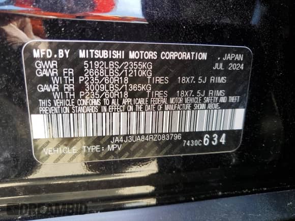 2024 Mitsubishi Outlander ES with VIN JA4J3UA84RZ083796, listed as a Copart auction lot 54502975 with 18,624 mi miles and Salvage title. Bid and sale history available at DreamBid. Image 13.