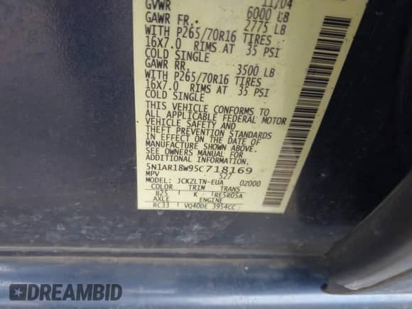 2005 Nissan Pathfinder SE with VIN 5N1AR18W95C718169, listed as a IAAI auction lot 42146371 with 128,812 mi miles and . Bid and sale history available at DreamBid. Image 9.