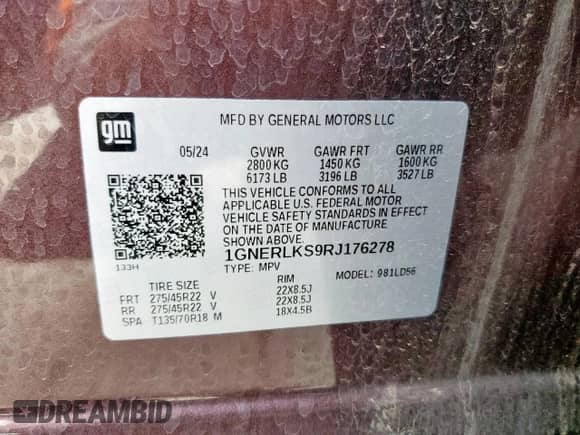 2024 Chevrolet Traverse FWD RS с VIN 1GNERLKS9RJ176278, выставлен на аукционе Copart как лот 54758005 с пробегом 7 743 миль миль и Списание • Salvage title. История ставок и продаж доступна на DreamBid. Изображение 13.