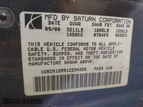 2001 Saturn SC with VIN 1G8ZN12891Z234288, listed as a IAAI auction lot 42041546 with Not provided miles and . Bid and sale history available at DreamBid. Image 9.
