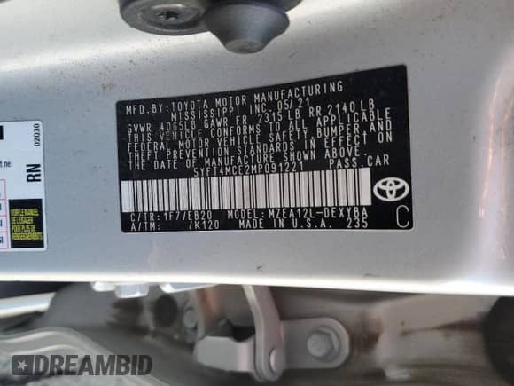 2021 Toyota Corolla XSE с VIN 5YFT4MCE2MP091221, выставлен на аукционе Copart как лот 81179905 с пробегом 66 164 миль миль и Списание • Salvage title. История ставок и продаж доступна на DreamBid. Изображение 12.