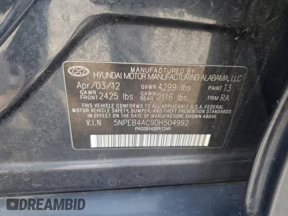 2013 Hyundai Sonata GLS с VIN 5NPEB4AC9DH504992, выставлен на аукционе Copart как лот 82437835 с пробегом Не указан миль и Списание • Salvage title. История ставок и продаж доступна на DreamBid. Изображение 12.