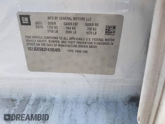 2015 Chevrolet Sonic RS with VIN 1G1JG6SB2F4185485, listed as a IAAI auction lot 42109108 with 63,782 mi miles and . Bid and sale history available at DreamBid. Image 9.