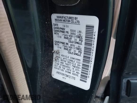 2002 Nissan Pathfinder SE with VIN JN8DR09Y72W721775, listed as a IAAI auction lot 43009727 with 289,869 mi miles and . Bid and sale history available at DreamBid. Image 9.