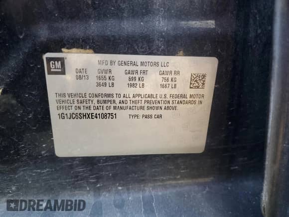 2014 Chevrolet Sonic LT with VIN 1G1JC6SHXE4108751, listed as a Copart auction lot 69937765 with 147,624 mi miles and Clean title. Bid and sale history available at DreamBid. Image 12.