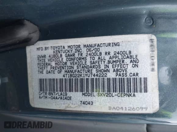 2000 Toyota Camry CE с VIN 4T1BG22K1YU744222, выставлен на аукционе IAAI как лот 43437766 с пробегом 161 586 миль миль и . История ставок и продаж доступна на DreamBid. Изображение 9.