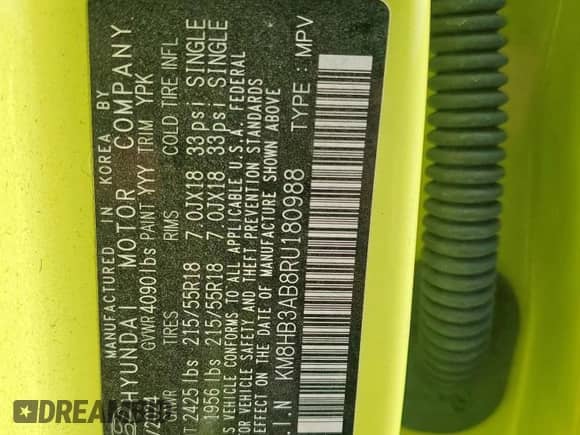 2024 Hyundai Kona SEL с VIN KM8HB3AB8RU180988, выставлен на аукционе Copart как лот 80263345 с пробегом 4 870 миль миль и Списание • Salvage title. История ставок и продаж доступна на DreamBid. Изображение 13.