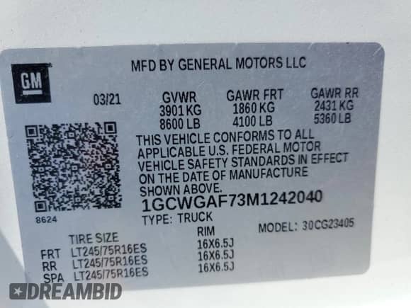 2021 Chevrolet Express Cargo with VIN 1GCWGAF73M1242040, listed as a Copart auction lot 41589245 with 41,195 mi miles and Salvage title. Bid and sale history available at DreamBid. Image 14.