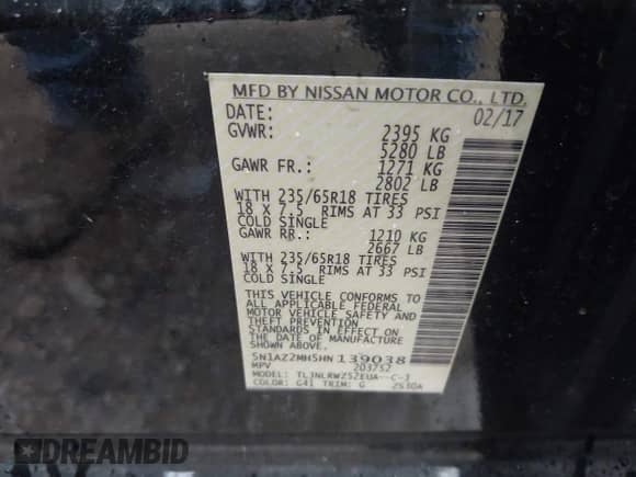 2017 Nissan Murano S with VIN 5N1AZ2MH5HN139038, listed as a IAAI auction lot 42845529 with 125,617 mi miles and . Bid and sale history available at DreamBid. Image 9.