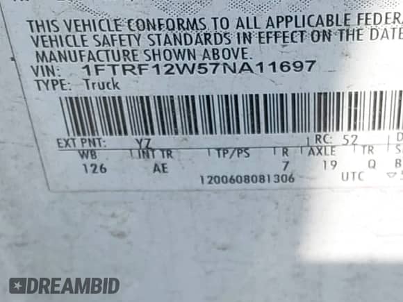 2007 Ford F-150 XL with VIN 1FTRF12W57NA11697, listed as a IAAI auction lot 43172532 with 302,194 mi miles and . Bid and sale history available at DreamBid. Image 9.