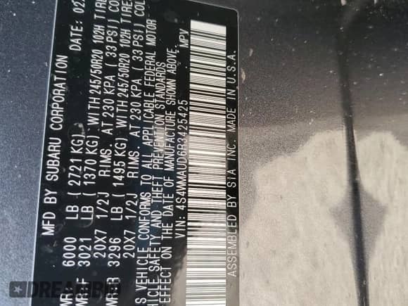 2024 Subaru Ascent Limited с VIN 4S4WMAUD6R3425425, выставлен на аукционе Copart как лот 88303745 с пробегом 7 233 миль миль и Списание • Salvage title. История ставок и продаж доступна на DreamBid. Изображение 13.