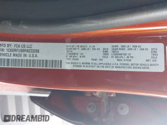 2024 Ram 1500 TRX с VIN 1C6SRFU98RN223288, выставлен на аукционе IAAI как лот 42150583 с пробегом 3 615 миль миль и . История ставок и продаж доступна на DreamBid. Изображение 9.