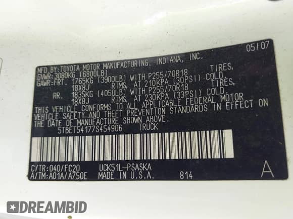 2007 Toyota Tundra SR5 z VIN 5TBET54177S454906, wystawiony jako IAAI lot #42524859 z przebiegiem 429 890 mil mil oraz . Historia ofert i sprzedaży dostępna na DreamBid. Obrazek 9.